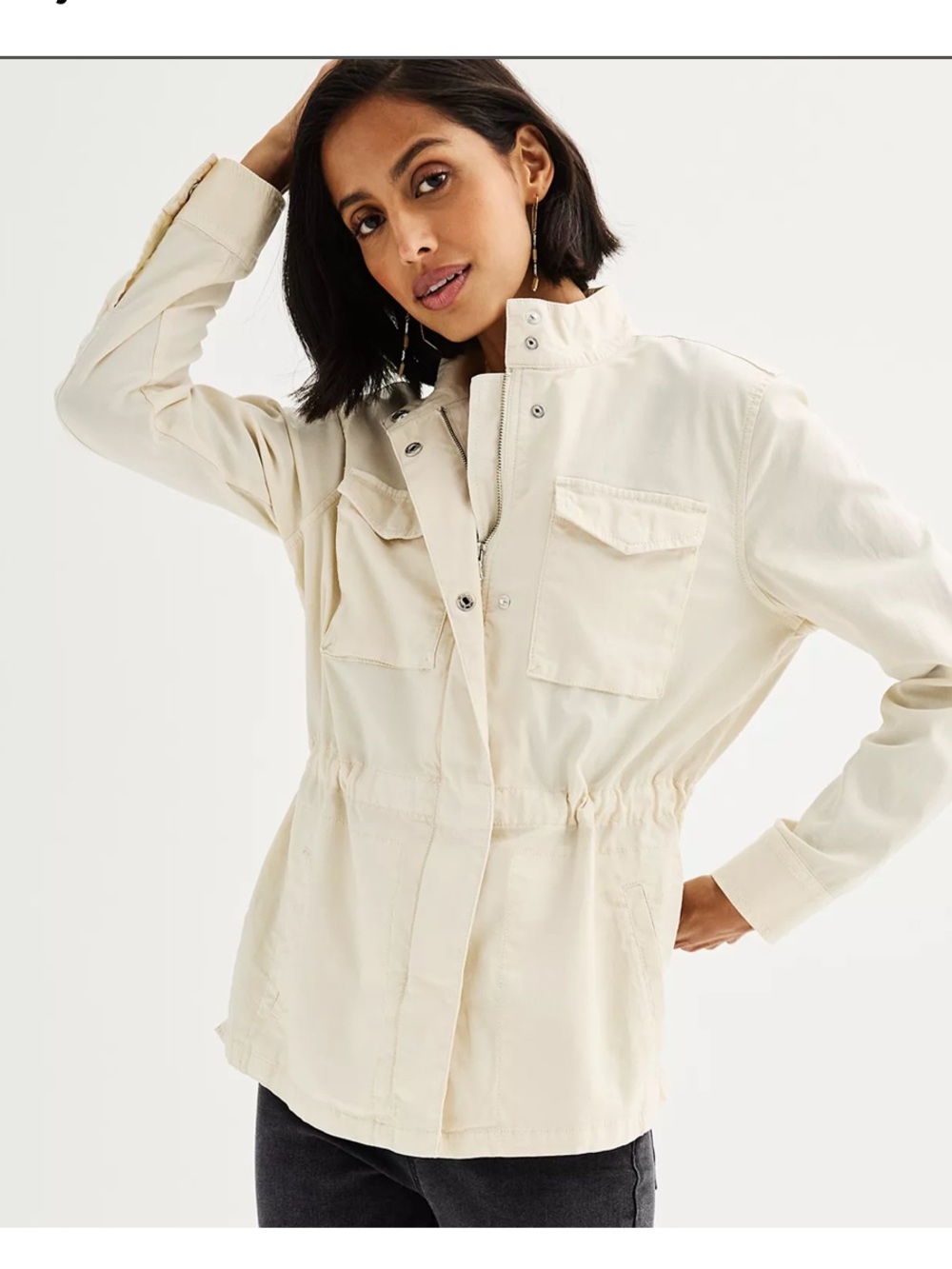 Womens Cream Utility Jacket with Adjustable Drawstring Waist